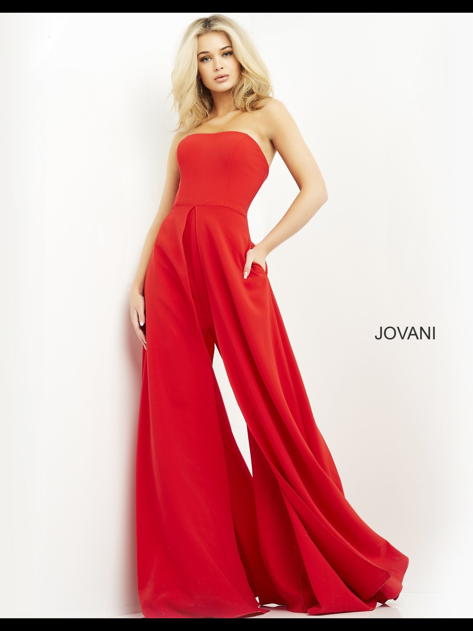 Jovani Strapless Red Wide-Leg Jumpsuit With Pockets